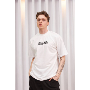 Erkek Kısa Kol Yazlık Tişört Bisiklet Yaka Baskılı Oversize T-Shirt - Beyaz
