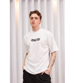 Erkek Kısa Kol Yazlık Tişört Bisiklet Yaka Baskılı Oversize T-Shirt - Beyaz