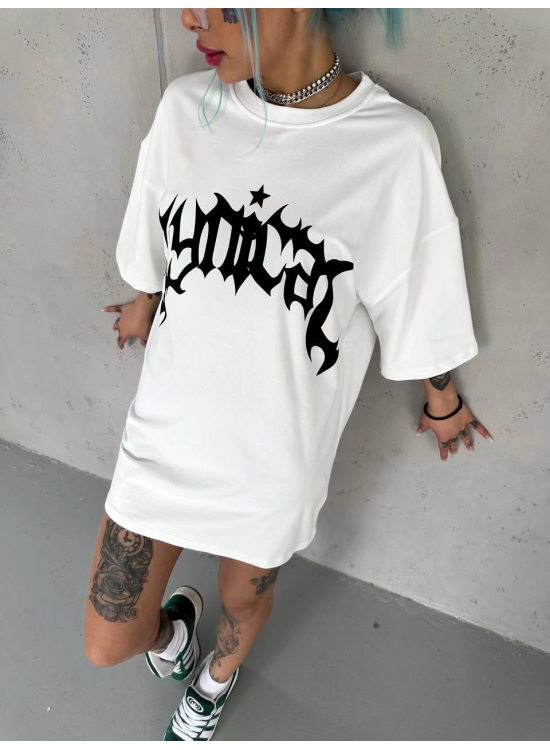 kadın Bisiklet Yaka Baskılı Oversize Kısa kol T-Shirt - Beyaz kadın Bisiklet Yaka Baskılı Oversize Kısa kol T-Shirt - Beyaz