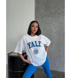 Kadın Kısa Kol Yazlık Tişört Bisiklet Yaka YALE Baskılı T-Shirt - Beyaz