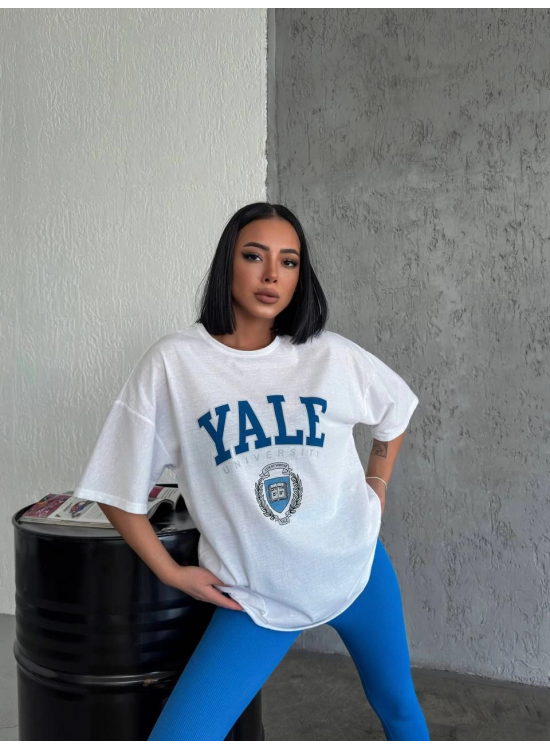 Kadın Kısa Kol Yazlık Tişört Bisiklet Yaka YALE Baskılı T-Shirt - Beyaz Kadın Kısa Kol Yazlık Tişört Bisiklet Yaka YALE Baskılı T-Shirt - Beyaz