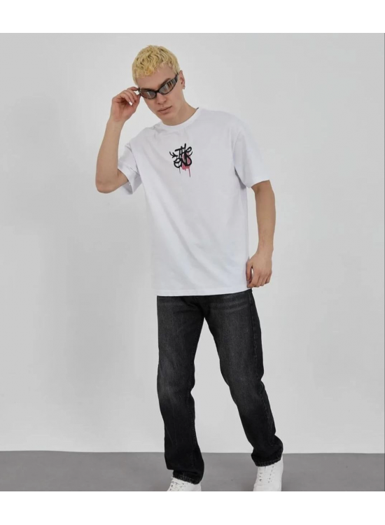 Erkek Kısa Kol Yazlık Tişört Bisiklet Yaka Baskılı Oversize T-Shirt - Beyaz Erkek Kısa Kol Yazlık Tişört Bisiklet Yaka Baskılı Oversize T-Shirt - Beyaz