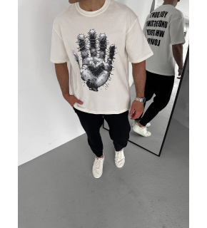Erkek Baskılı T-Shirt Kısa Kol Bisiklet Yaka Regular Fit Rahat Kalıp Günlük Tişört - Beyaz