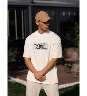 Erkek Kısa Kol Yazlık Tişört Bisiklet Yaka Baskılı Oversize T-Shirt - Beyaz