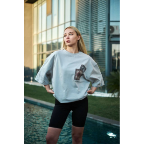 kadın Bisiklet Yaka Baskılı Kısa kol Oversize T-Shirt - Boyalı Gri