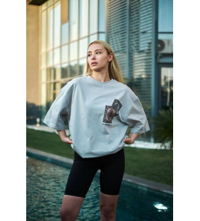 kadın Bisiklet Yaka Baskılı Kısa kol Oversize T-Shirt - Boyalı Gri