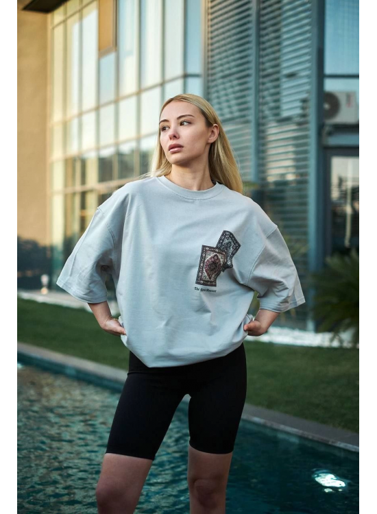 kadın Bisiklet Yaka Baskılı Kısa kol Oversize T-Shirt - Boyalı Gri kadın Bisiklet Yaka Baskılı Kısa kol Oversize T-Shirt - Boyalı Gri