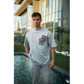 Erkek Kısa Kol Yazlık Tişört Bisiklet Yaka Baskılı Oversize T-Shirt - Boyalı Gri