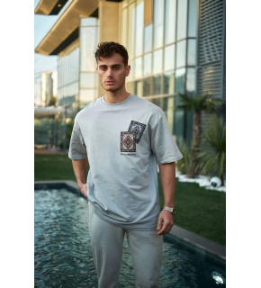 Erkek Kısa Kol Yazlık Tişört Bisiklet Yaka Baskılı Oversize T-Shirt - Boyalı Gri