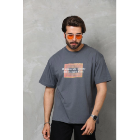 Erkek Baskılı T-Shirt Kısa Kol Bisiklet Yaka Regular Fit Rahat Kalıp Tişört -  Füme