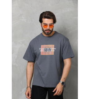 Erkek Baskılı T-Shirt Kısa Kol Bisiklet Yaka Regular Fit Rahat Kalıp Tişört -  Füme