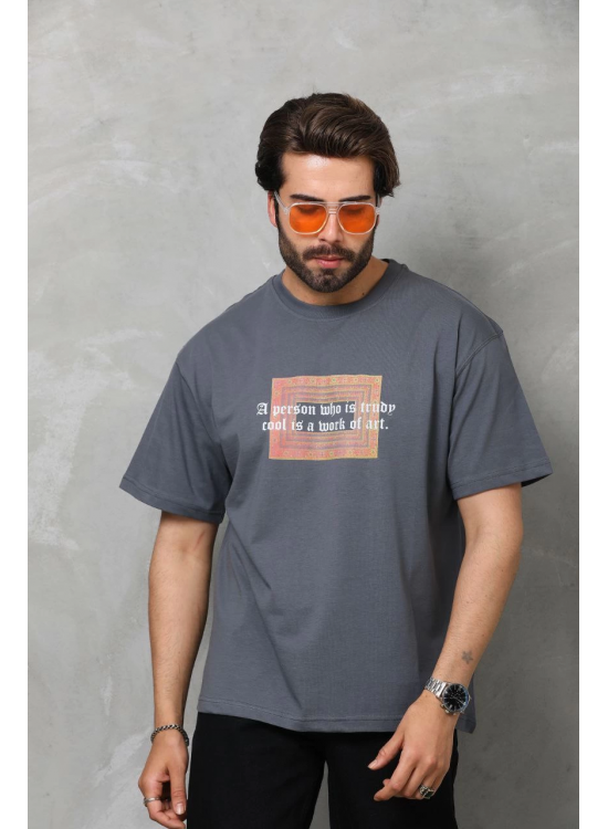 Erkek Baskılı T-Shirt Kısa Kol Bisiklet Yaka Regular Fit Rahat Kalıp Tişört -  Füme