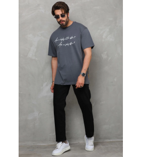 Erkek Kısa Kol Yazlık Tişört Bisiklet Yaka Baskılı Oversize T-Shirt - Füme