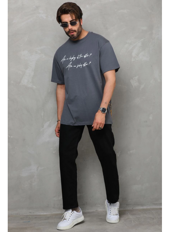 Erkek Kısa Kol Yazlık Tişört Bisiklet Yaka Baskılı Oversize T-Shirt - Füme Erkek Kısa Kol Yazlık Tişört Bisiklet Yaka Baskılı Oversize T-Shirt - Füme