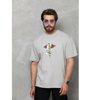 Erkek Baskılı T-Shirt Kısa Kol Bisiklet Yaka Regular Fit Rahat Kalıp Tişört -  Gri