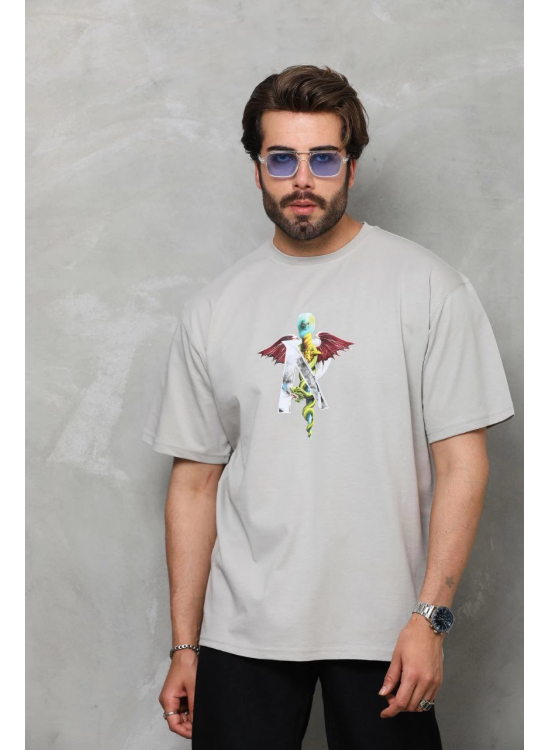 Erkek Baskılı T-Shirt Kısa Kol Bisiklet Yaka Regular Fit Rahat Kalıp Tişört -  Gri