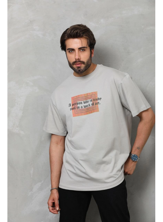 Erkek Baskılı T-Shirt Kısa Kol Bisiklet Yaka Regular Fit Rahat Kalıp Tişört -  Gri