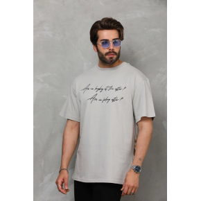Erkek Kısa Kol Yazlık Tişört Bisiklet Yaka Baskılı Oversize T-Shirt - Gri