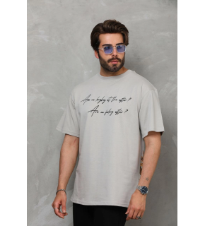Erkek Kısa Kol Yazlık Tişört Bisiklet Yaka Baskılı Oversize T-Shirt - Gri