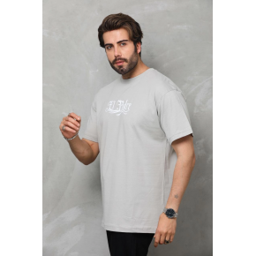 Erkek Kısa Kol Yazlık Tişört Bisiklet Yaka Baskılı Oversize T-Shirt - Gri