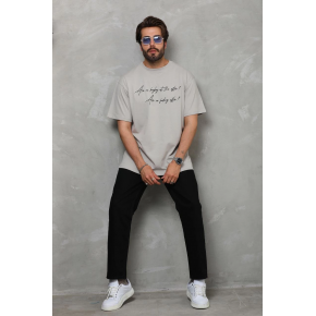 Erkek Kısa Kol Yazlık Tişört Bisiklet Yaka Baskılı Oversize T-Shirt - Gri