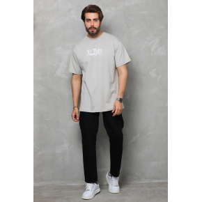 Erkek Kısa Kol Yazlık Tişört Bisiklet Yaka Baskılı Oversize T-Shirt - Gri