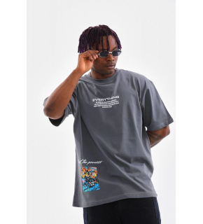 Erkek Tişort  Bisiklet Yaka Baskılı Oversize T-Shirt - Gri