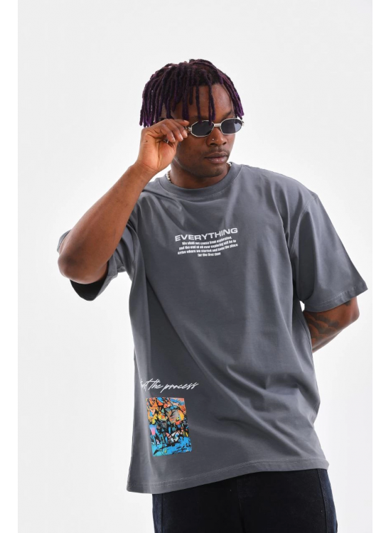 Erkek Tişort Bisiklet Yaka Baskılı Oversize T-Shirt - Gri Erkek Tişort Bisiklet Yaka Baskılı Oversize T-Shirt - Gri