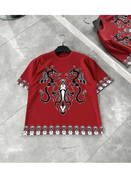 Erkek  Kısa kol Bisiklet Yaka Baskılı Oversize T-Shirt - Kırmızı