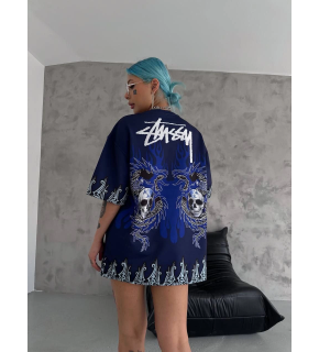 Unisex Bisiklet Yaka Baskılı Oversize T-Shirt - Lacivert