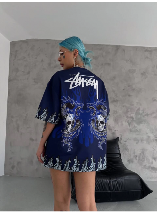 Unisex Bisiklet Yaka Baskılı Oversize T-Shirt - Lacivert Unisex Bisiklet Yaka Baskılı Oversize T-Shirt - Lacivert