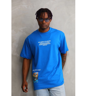 Erkek Bisiklet Yaka Baskılı Oversize T-Shirt - Mavi