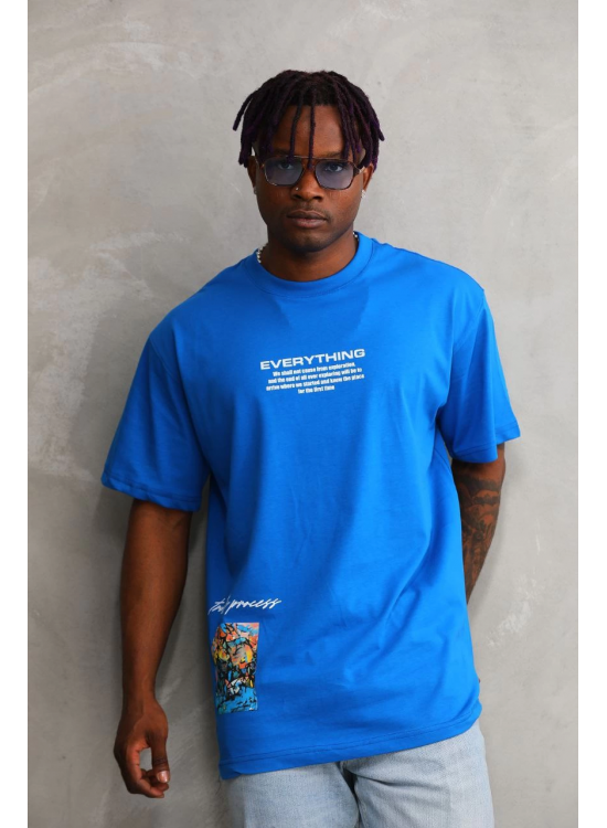 Erkek Bisiklet Yaka Baskılı Oversize T-Shirt - Mavi Erkek Bisiklet Yaka Baskılı Oversize T-Shirt - Mavi