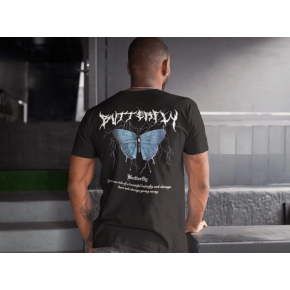 Erkek Tişort  Bisiklet Yaka Kelebek Baskılı Kısa kol T-Shirt - Siyah