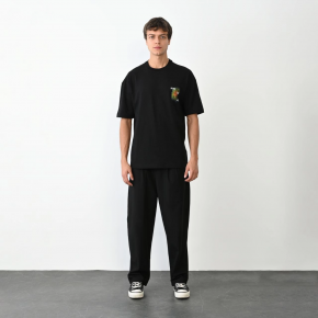 Erkek Kısa Kol Yazlık Tişört Bisiklet Yaka Baskılı Oversize T-Shirt - Siyah
