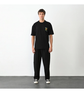 Erkek Kısa Kol Yazlık Tişört Bisiklet Yaka Baskılı Oversize T-Shirt - Siyah
