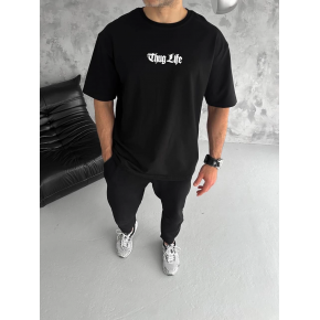 Erkek Kısa Kol Yazlık Tişört Bisiklet Yaka Baskılı Oversize T-Shirt - Siyah