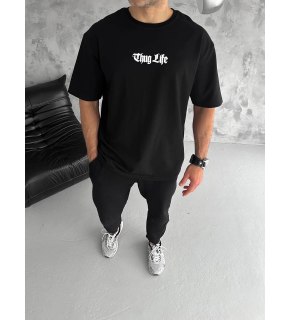 Erkek Kısa Kol Yazlık Tişört Bisiklet Yaka Baskılı Oversize T-Shirt - Siyah