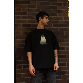 Erkek Kısa Kol Yazlık Tişört Bisiklet Yaka Baskılı Oversize T-Shirt - Siyah