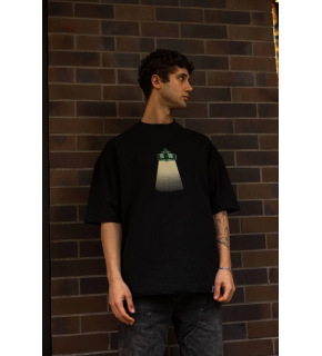 Erkek Kısa Kol Yazlık Tişört Bisiklet Yaka Baskılı Oversize T-Shirt - Siyah
