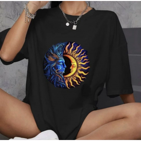 Kadın Baskılı T-Shirt Kısa Kol Bisiklet Yaka Oversize Rahat Kalıp Günlük Tişört   - Siyah