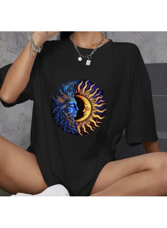 Kadın Baskılı T-Shirt Kısa Kol Bisiklet Yaka Oversize Rahat Kalıp Günlük Tişört - Siyah Kadın Baskılı T-Shirt Kısa Kol Bisiklet Yaka Oversize Rahat Kalıp Günlük Tişört - Siyah