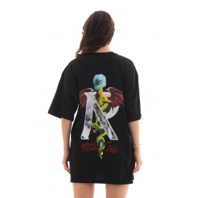 Kadın Baskılı T-Shirt Kısa Kol Bisiklet Yaka Regular Fit Rahat Kalıp Günlük Tişört -Siyah
