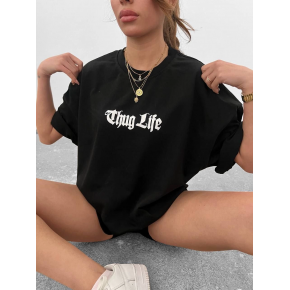 Kadın Bisiklet Yaka Baskılı Oversize  Kısa kol T-Shirt - Siyah