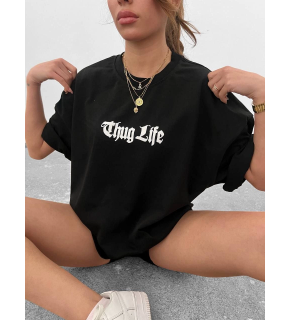 Kadın Bisiklet Yaka Baskılı Oversize  Kısa kol T-Shirt - Siyah