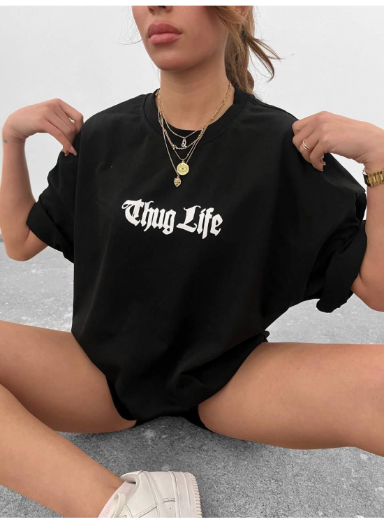 Kadın Bisiklet Yaka Baskılı Oversize Kısa kol T-Shirt - Siyah Kadın Bisiklet Yaka Baskılı Oversize Kısa kol T-Shirt - Siyah