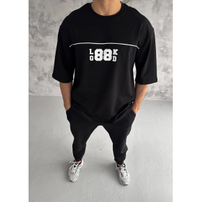 Erkek Kısa Kol Yazlık Tişört Bisiklet Yaka Baskılı Oversize T-Shirt - Siyah