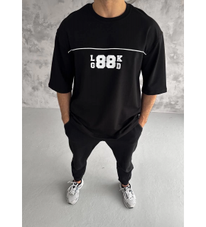 Erkek Kısa Kol Yazlık Tişört Bisiklet Yaka Baskılı Oversize T-Shirt - Siyah