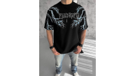 Erkek Bisiklet Yaka Tişört Yıldırım Şimşek Baskılı Kısa Kol T-Shirt -Siyah