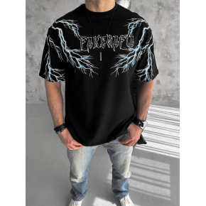 Erkek Bisiklet Yaka Tişört Yıldırım Şimşek Baskılı Kısa Kol T-Shirt -Siyah